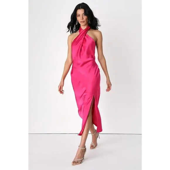 Lulus | Dresses | Lulus Nwt Beyond Classy Hot Pink Satin Halter Lined Fitted  Midi Dress Medium | Poshmark